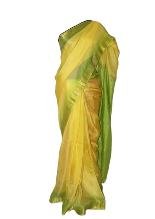 SheenKraft | Women's Bhagalpuri Pure Kota Doria Silk Net Saree With Temple Zari Border and Running Blouse Piece (Canary_Yellow & Parrot_Green) - Image 1