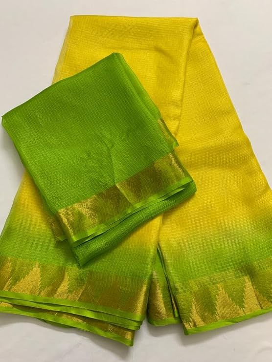 SheenKraft | Women's Bhagalpuri Pure Kota Doria Silk Net Saree With Temple Zari Border and Running Blouse Piece (Canary_Yellow & Parrot_Green) - Image 3