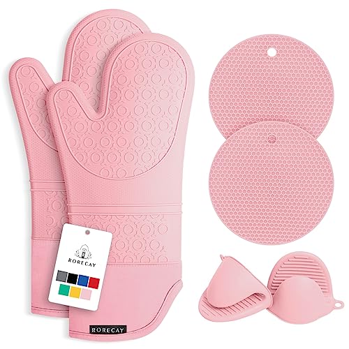 Rorecay 6pcs Oven Mitts and Pot Holders Sets for Kitchen, Extra Long Non-Slip Silicone Oven Gloves Heat Resistant 500 Degrees Potholders Hot Pads for Baking Cooking, Quilted Liner, Pink - Image 1