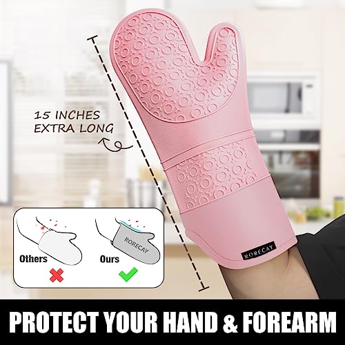 Rorecay 6pcs Oven Mitts and Pot Holders Sets for Kitchen, Extra Long Non-Slip Silicone Oven Gloves Heat Resistant 500 Degrees Potholders Hot Pads for Baking Cooking, Quilted Liner, Pink - Image 2