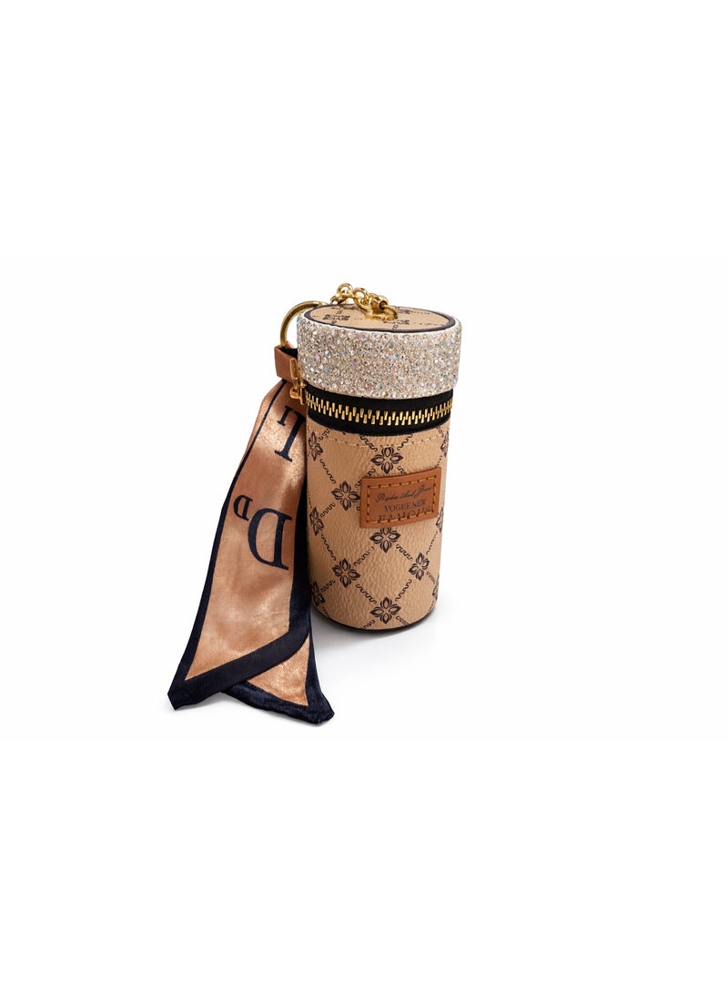 Luxury Rhinestone Cylindrical Jewelry Case Keychain – Premium Mini Storage Box with Gold Hardware & Decorative Scarf – Elegant Gift for Women & Girls