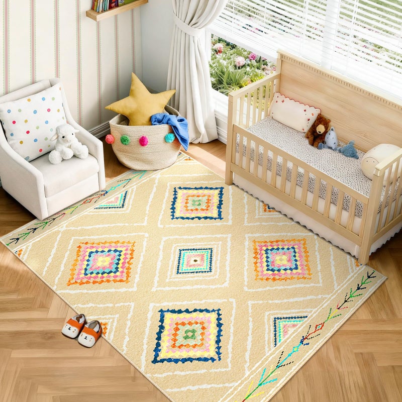 BESTSWEETIE Area Rug 5x7 Rug Machine Washable Non-Slip Low Pile Print Pattern Western Rug for Living Room Bedroom Entryway Tribal Series -Cream/Beige - Image 1