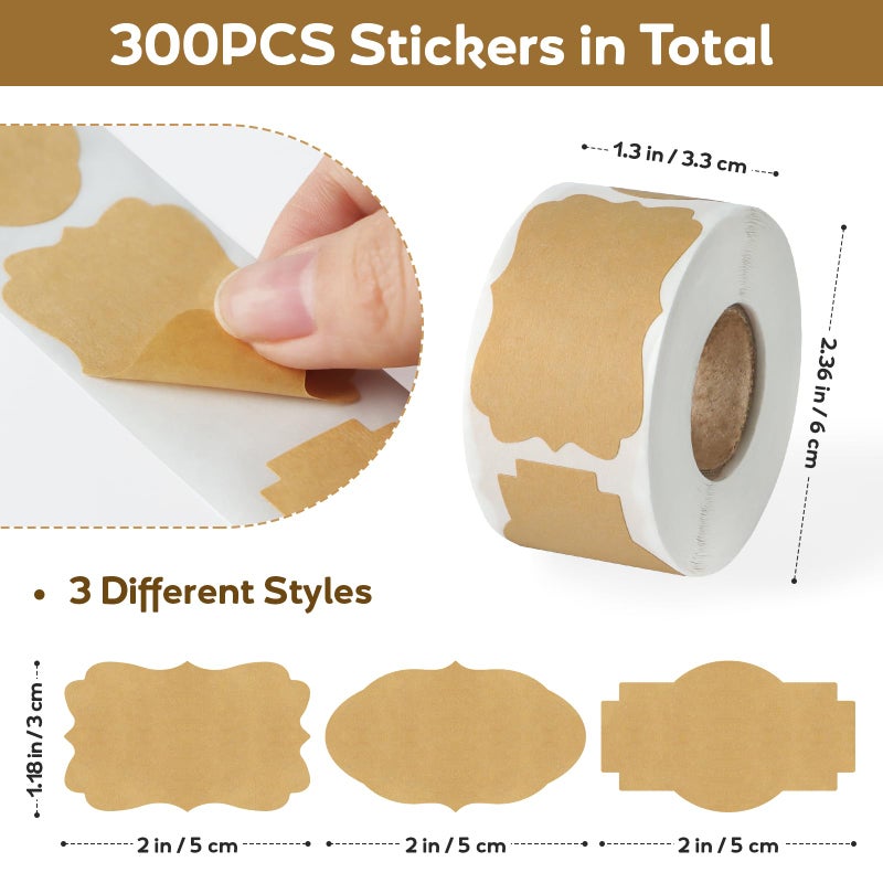 Imeepa 300PCS Kraft Brown Labels 2x1.2 Inch - Blank Self-Adhesive Stickers for Mason Jars, Bottles, Gift Wrapping, Food Storage & Crafts (Writable, Vintage Style, 3 Designs) - Image 2