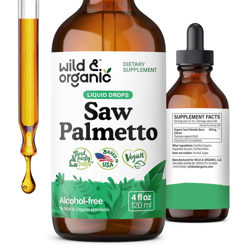 Wild & Organic Wild Organic Saw Palmetto Tincture Saw Palmetto Extract Supplement for Men Women Liquid Powder Based Drops Serenoa Repens Berries Vegan Sugar AlcoholFree 4 fl oz 
