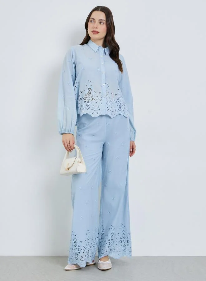 Styli Women Blue Schiffli Wide Leg Pants