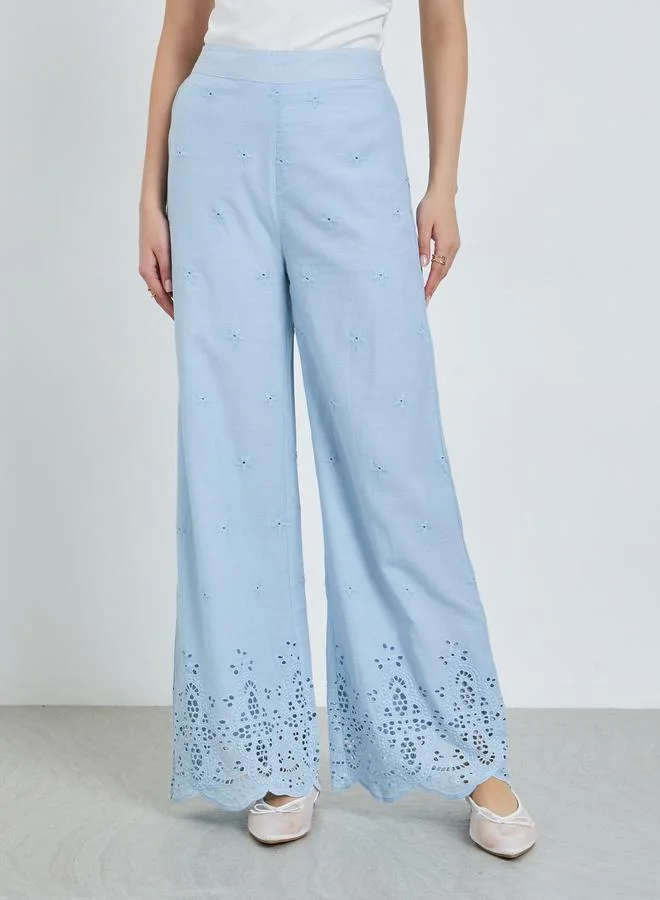 Styli Women Blue Schiffli Wide Leg Pants