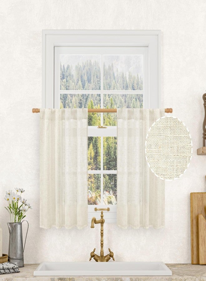 LAMIT Short Linen Curtains 36 Inch Length for Half Window, Cream Ivory Semi Sheer Light Filtering Panels Back Tab and Rod Pocket Drapes for Basement/Kitchen, 2 Panels, 25 x 36 Inch - Image 1
