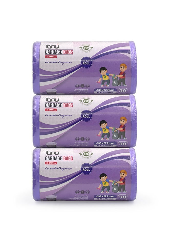 Tru - Lavender Scented Garbage Bags Compact Roll 46x52cm 6 Gallon ( 30pc x 3 Rolls ) 90 bags - Image 1