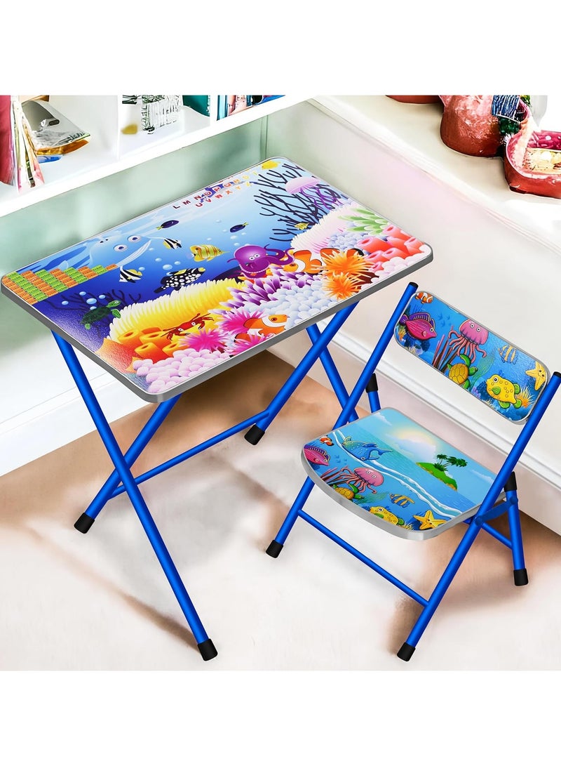 Children's Table and Chairs, Folding High Chair, Portable Cartoon Activity Table/Desk/Dining Table, for 3-8 Years Boys and Girls - Including Table and 1 Chair