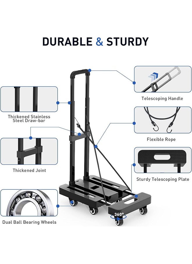 Folding Trolley,500 Lb Heavy Duty Luggage Cart,6-Wheel Platform Cart for Luggage/Travel/Portering/Shopping/Office(Black)