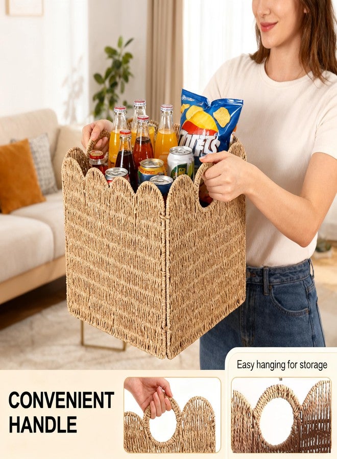 Quincry Scalloped Wicker Storage Cubes Basket, 12”x12“ Heavy Duty Paper rope/Hyacinth/Seagrass Baskets for Shelves, Foldable Natural Boho Square Bins (Paper Rope, 12 x 12 x 12in, 4-Pack) - Image 5