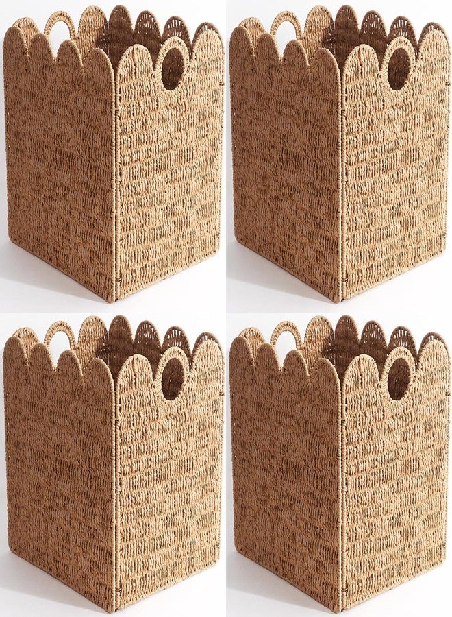 Quincry Scalloped Wicker Storage Cubes Basket, 12”x12“ Heavy Duty Paper rope/Hyacinth/Seagrass Baskets for Shelves, Foldable Natural Boho Square Bins (Paper Rope, 12 x 12 x 12in, 4-Pack) - Image 1