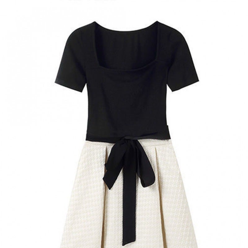 Womens Spring Chic Waist-Slimming Skirt SetOne-piece black top One-piece black top
