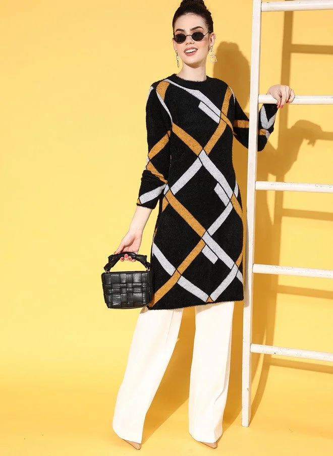 SASSAFRAS Classy Black Checked Knits Bits Sweater for Women