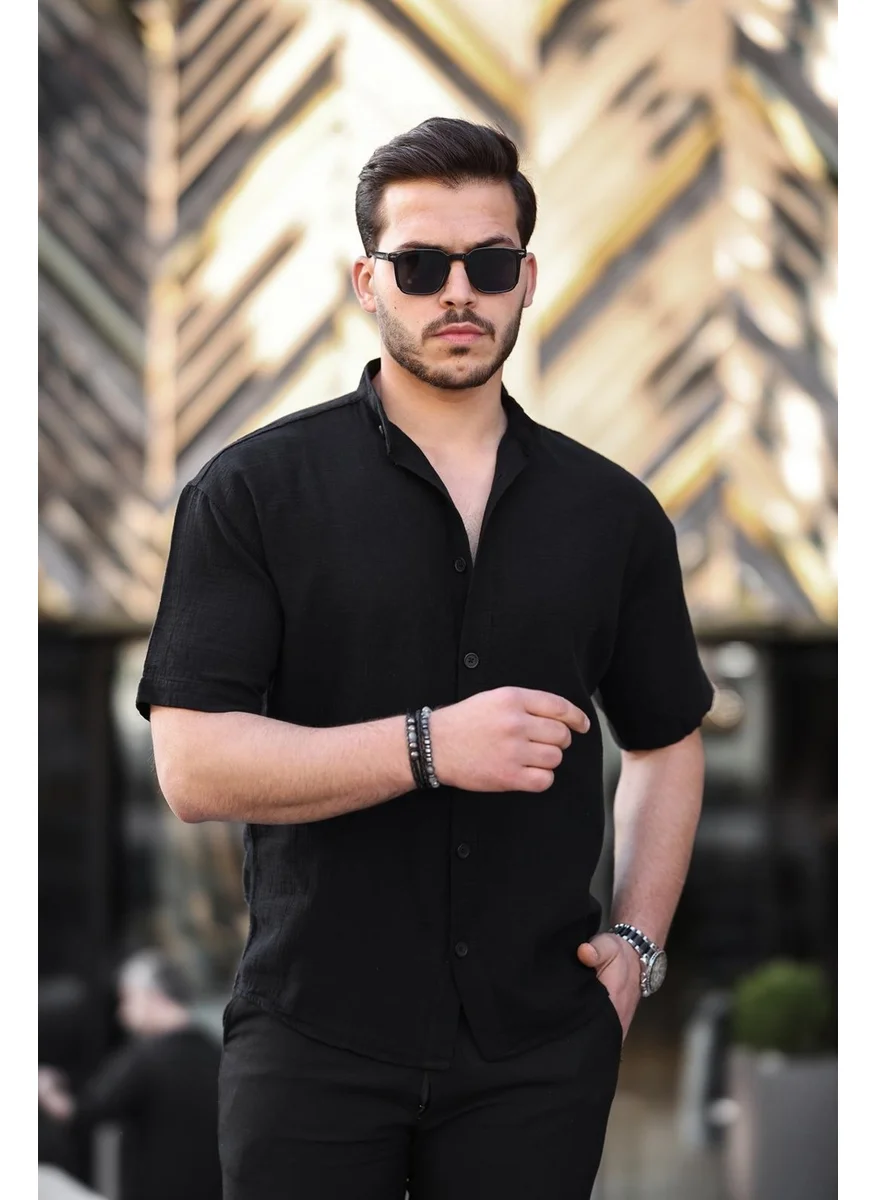 Valiberta Judge Collar Muslin Fabric Short Sleeve Shirt - Black