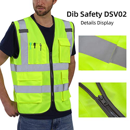 Dib Safety Reflective Vest ANSI Class 2, High Visibility Vest with Pockets and Zipper, Hi Vis Yellow L - Image 2