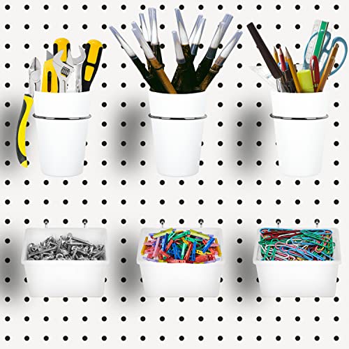 Kuhome 6 Sets Pegboard Bins Cups with Hooks Loops, Pegboard Hooks Assortment, Hooks for Pegboard Cup Holder for Tools Accessory Storage Organizer for Office Workshop Garage Workbench White - Image 1