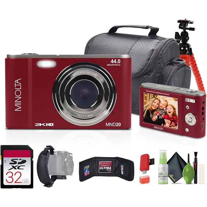 Minolta MND20 44 MP 2.7K Quad HD Digital Camera (Red) Bundle with 32GB Memory Card + 12 Inch Flexible Vlogging Tripod + Memory Card Wallet + USB Card Reader + More - Image 1