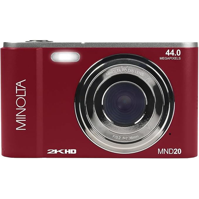 Minolta MND20 44 MP 2.7K Quad HD Digital Camera (Red) Bundle with 32GB Memory Card + 12 Inch Flexible Vlogging Tripod + Memory Card Wallet + USB Card Reader + More - Image 2