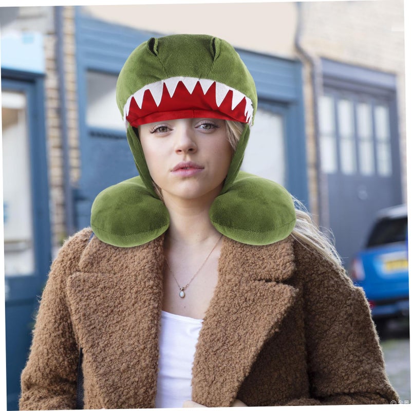Dinosaur Hooded Plush Travel Pillow Supportive Cervical Cushion For Airplane Car Train - Image 4