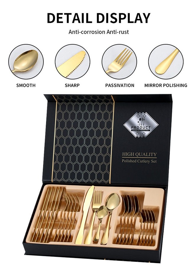 DUNISO طقم أدوات مائدة من الفولاذ المقاوم للصدأ 24 قطعة، طقم أدوات مطبخ على الطراز الغربي، طقم أدوات مائدة مصقول بلمسة مرآة، مع سكين، وشوكة، وملعقة وصندوق هدايا، مناسب لتناول الطعام العائلي، المطبخ، التجمعات، ذهبي - Image 3