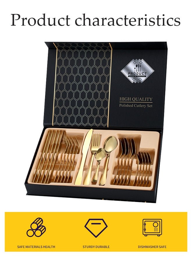 DUNISO طقم أدوات مائدة من الفولاذ المقاوم للصدأ 24 قطعة، طقم أدوات مطبخ على الطراز الغربي، طقم أدوات مائدة مصقول بلمسة مرآة، مع سكين، وشوكة، وملعقة وصندوق هدايا، مناسب لتناول الطعام العائلي، المطبخ، التجمعات، ذهبي - Image 4