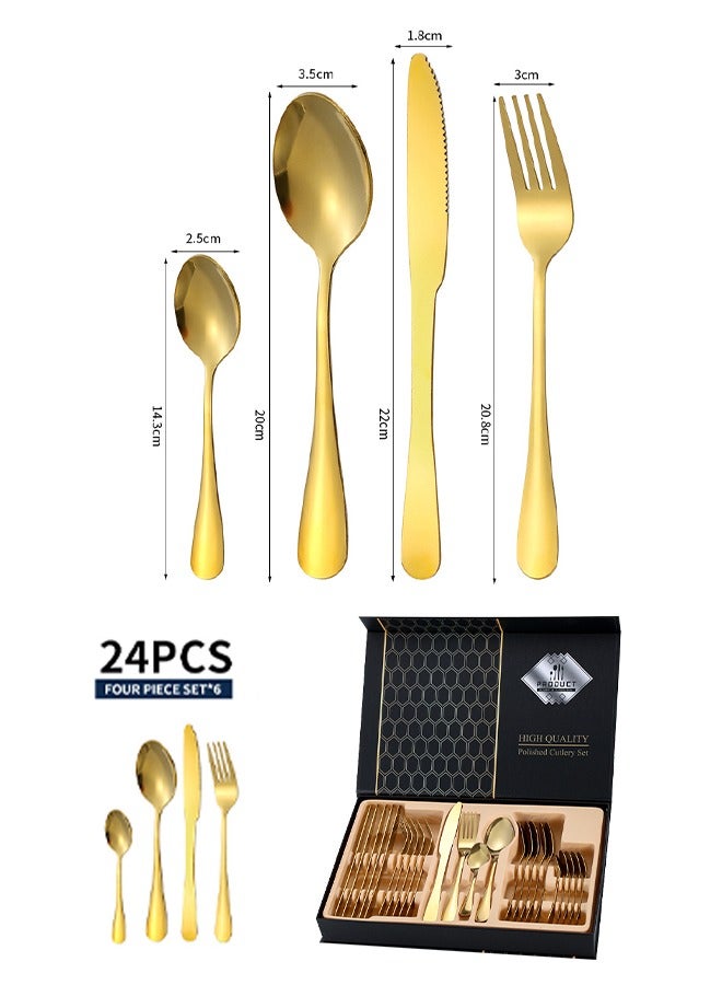 DUNISO طقم أدوات مائدة من الفولاذ المقاوم للصدأ 24 قطعة، طقم أدوات مطبخ على الطراز الغربي، طقم أدوات مائدة مصقول بلمسة مرآة، مع سكين، وشوكة، وملعقة وصندوق هدايا، مناسب لتناول الطعام العائلي، المطبخ، التجمعات، ذهبي - Image 2