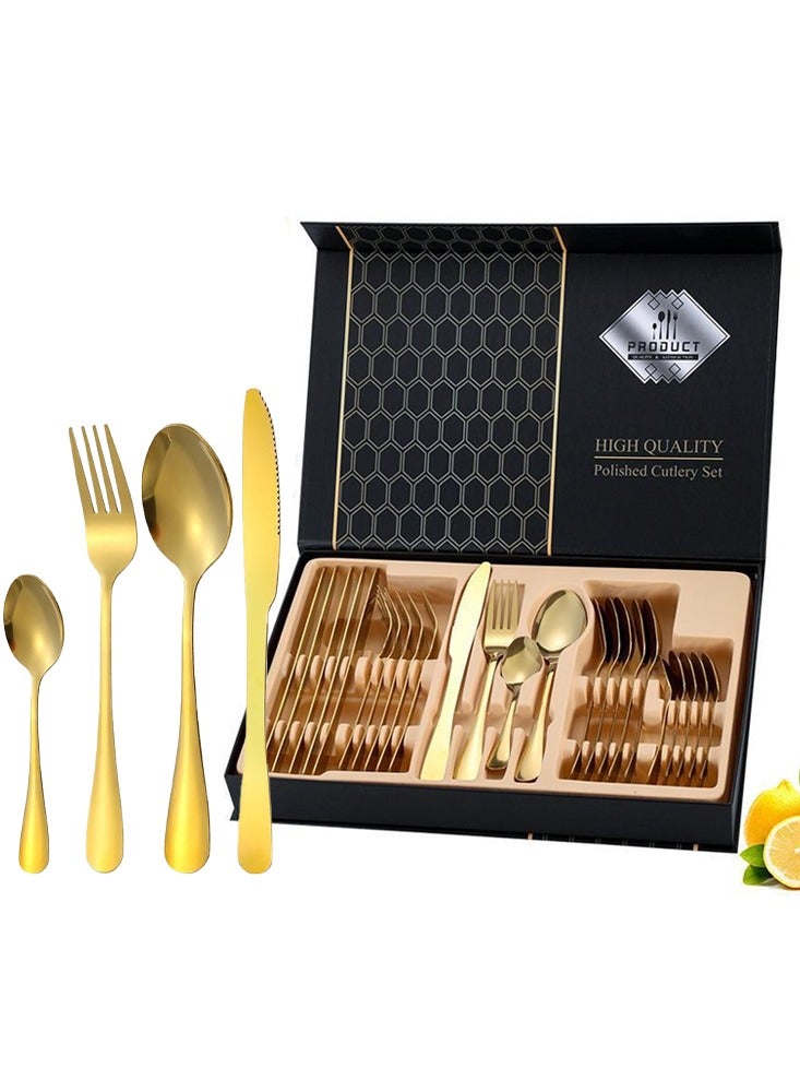 DUNISO طقم أدوات مائدة من الفولاذ المقاوم للصدأ 24 قطعة، طقم أدوات مطبخ على الطراز الغربي، طقم أدوات مائدة مصقول بلمسة مرآة، مع سكين، وشوكة، وملعقة وصندوق هدايا، مناسب لتناول الطعام العائلي، المطبخ، التجمعات، ذهبي - Image 1