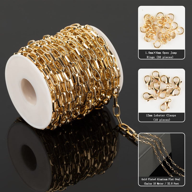 YOUBEIYEE 32.8 Feet Aluminum Link Chain Light Gold Flat Oval Chains for Jewelry Making Unwelded Paperclip Chain Spool Necklace Chains Bulk with Lobster Clasps and Jump Rings - Image 2