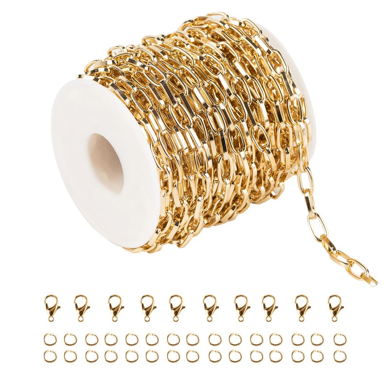 YOUBEIYEE 32.8 Feet Aluminum Link Chain Light Gold Flat Oval Chains for Jewelry Making Unwelded Paperclip Chain Spool Necklace Chains Bulk with Lobster Clasps and Jump Rings - Image 1