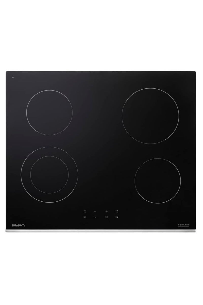 ELBA - 60cm Black Ceramic Glass 4Zone Electric Cooktop - 1 Double Zone - Touch Control - Booster - Cooking Programmer - Pause - Residual heat indicator - Child Lock - Metallic Trim - Italian Technology