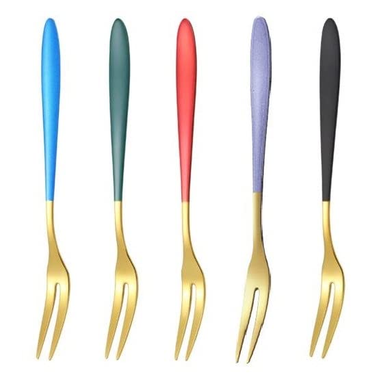 Dhvsam Appetizer Dessert Forks 304 Stainless Steel 2Prong Fruit Forks Set Colorful Mini Salad Fruit Fork for Party Banquet Cocktail Dessert Fruit Cakes Afternoon Tea Wedding Random Pack of 8 - Image 1