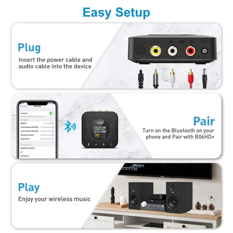 1mii مستقبل موسيقى 1Mii B06HD+ عالي الدقة بلوتوث 5.1 للستيريو المنزلي مع LDAC، محول بلوتوث Hi-Fi مع DAC لعشاق الصوت aptX HD، تحكم في مستوى الصوت، شاشة OLED، محول صوتي لاسلكي لمستقبل/مضخم الصوت - Image 4