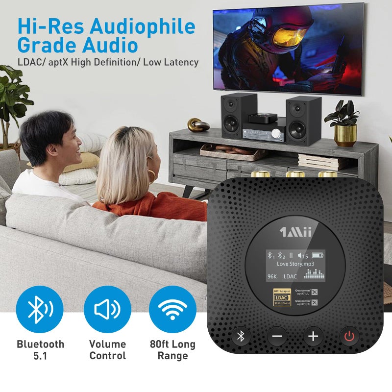 1mii مستقبل موسيقى 1Mii B06HD+ عالي الدقة بلوتوث 5.1 للستيريو المنزلي مع LDAC، محول بلوتوث Hi-Fi مع DAC لعشاق الصوت aptX HD، تحكم في مستوى الصوت، شاشة OLED، محول صوتي لاسلكي لمستقبل/مضخم الصوت - Image 3