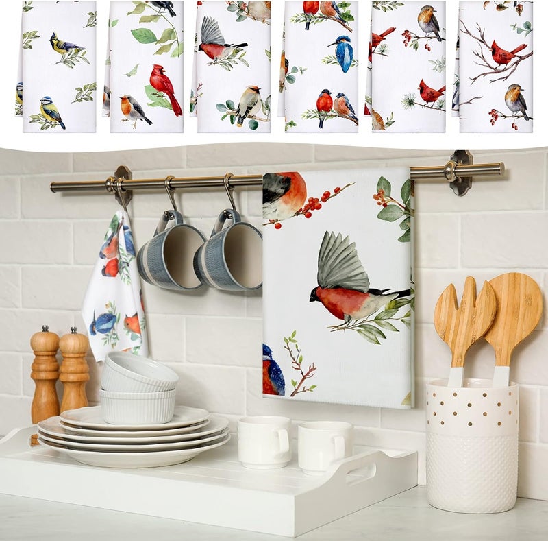 Boyiee Set of 6 Birds Kitchen Towels Hummingbird Tea Towels Absorbent Dish Towels Birds on Branch 24 x 16 Inches Kitchen Gifts Cardinal Hand Towels Bird Lover Gifts for Farmhouse Kitchen Bathroom Decorations - Image 2
