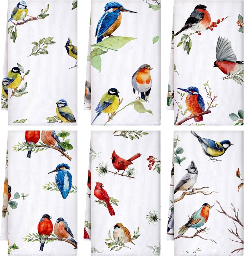 Boyiee Set of 6 Birds Kitchen Towels Hummingbird Tea Towels Absorbent Dish Towels Birds on Branch 24 x 16 Inches Kitchen Gifts Cardinal Hand Towels Bird Lover Gifts for Farmhouse Kitchen Bathroom Decorations - Image 1