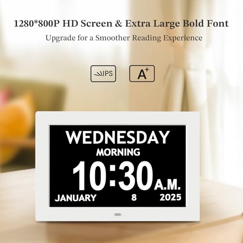 Pastigio 101 Digital Clock 1280800p HD Extra Large Display Dementia Clock For Seniors 10 Reminders 6 Alarms Auto Dimming DST Remote Control Digital Clock With Date Time Day Of Week White - Image 3