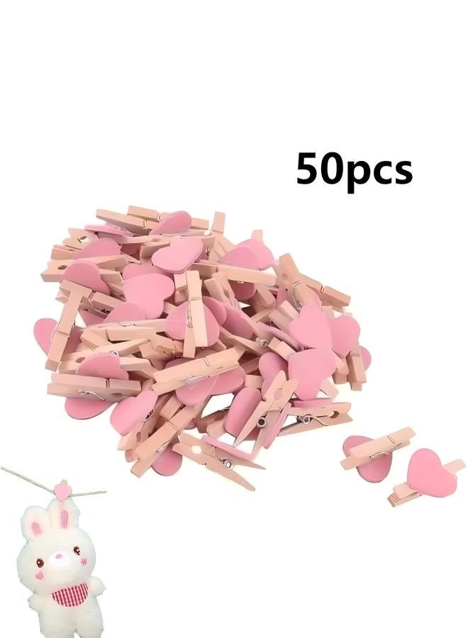 50-Piece Pink Heart Shape Wooden Photo Clips,Mini Clothes Pins for Photo Art Crafts, Home Office Supply - Image 1