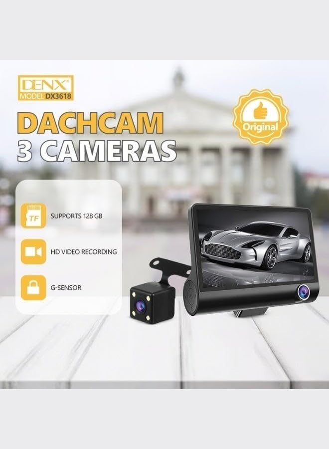 DENX DX3618 Car Dashcam with 3 Cameras, 4-Inch HD Display, Front Rear & Interior View, Supports 128GB Memory Card, Loop Recording, Motion Detection, Night Vision & G-Sensor for Driving Safety - Image 2
