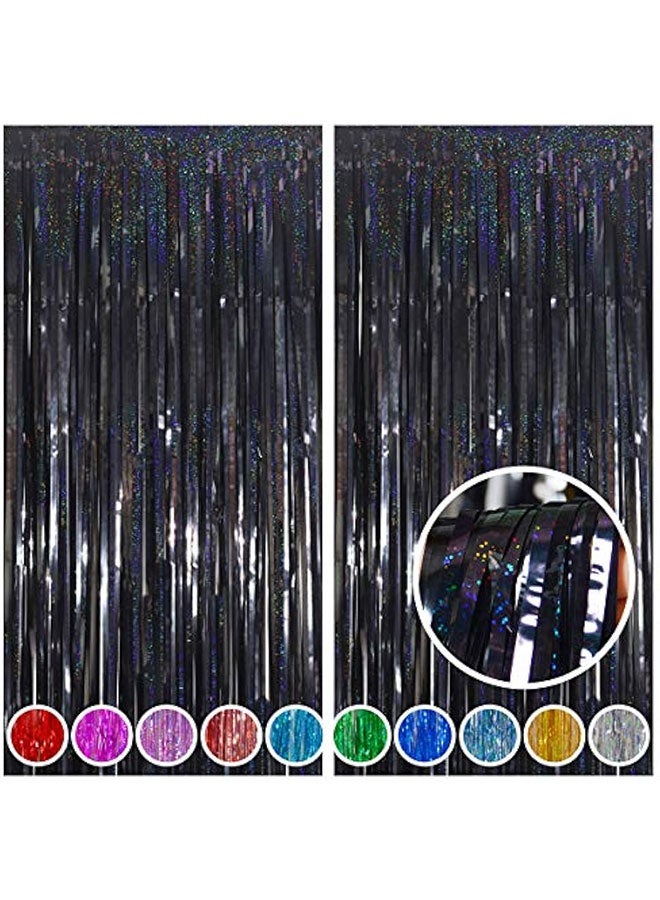 2 Pack 3.28 ft x 6.56ft Tinsel Foil Fringe Curtains Backdrop,Sparkle Metallic Foil Curtains for Retirement Graduations New Years Party Photo Booth Props Decoration (Black) - Image 1
