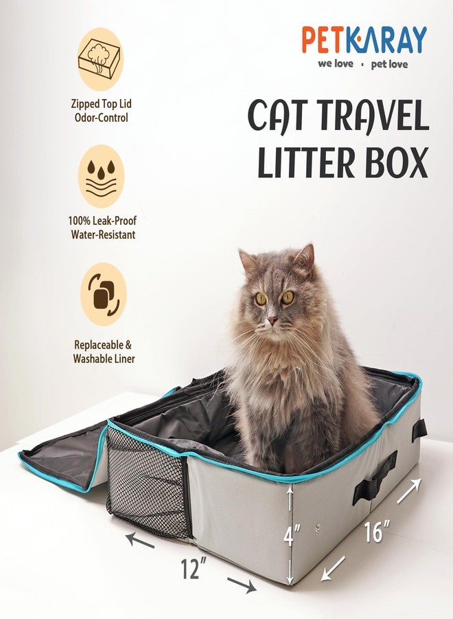 PETKARAY Portable Travel Litter Box with 2 Replacement Liners, Foldable Litter Carrier with Zipped Lid, Leak-Proof & Odor-Control Litter Box for Car Travel, Grey-Medium - Image 2