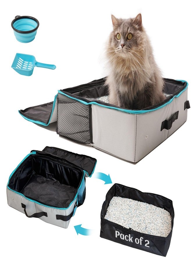 PETKARAY Portable Travel Litter Box with 2 Replacement Liners, Foldable Litter Carrier with Zipped Lid, Leak-Proof & Odor-Control Litter Box for Car Travel, Grey-Medium - Image 1