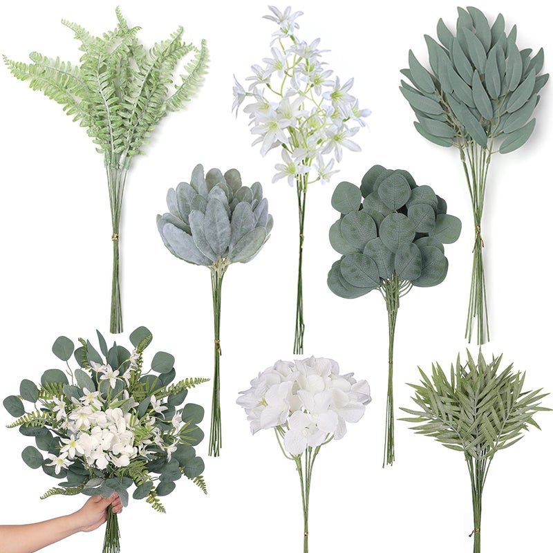 FOTEEWL 70 Pcs Artificial Greenery Stems Box Set,with 7 Kinds of Faux Plants and Fake Flowers for DIY Bridal Bouquets Wedding Floral Arrangement Table Centerpieces Decoration (Sage Green & Beige) - Image 1