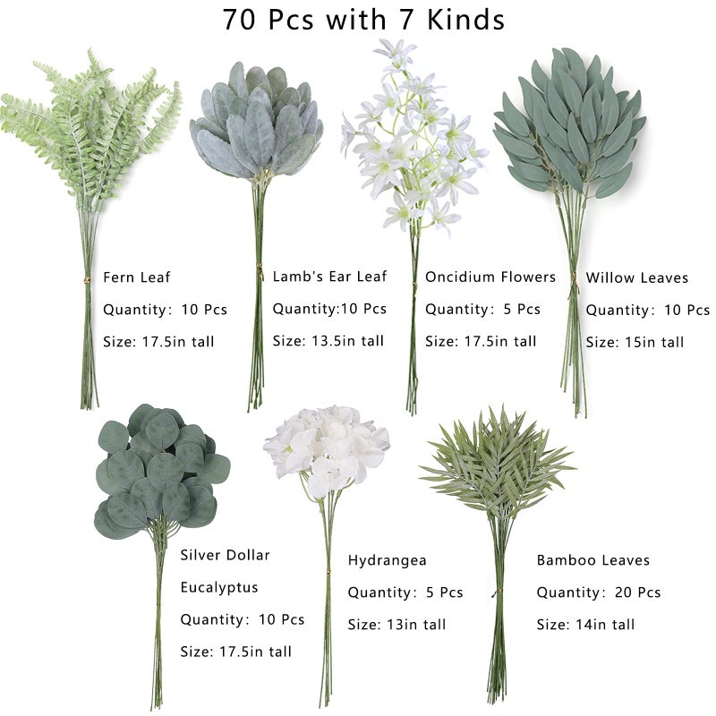 FOTEEWL 70 Pcs Artificial Greenery Stems Box Set,with 7 Kinds of Faux Plants and Fake Flowers for DIY Bridal Bouquets Wedding Floral Arrangement Table Centerpieces Decoration (Sage Green & Beige) - Image 2
