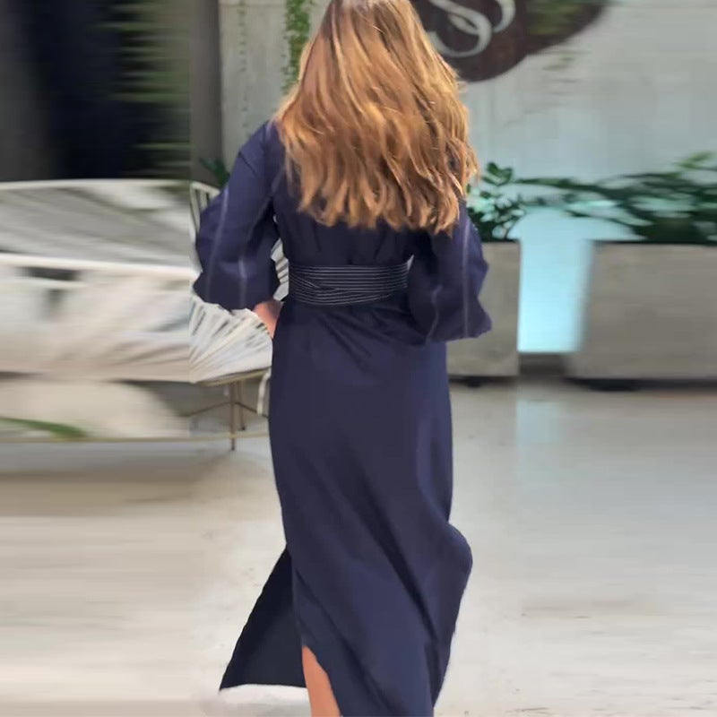 Autumn Export Women'S Belt Dark Blue Side Slit Fashion Dress - Image 5