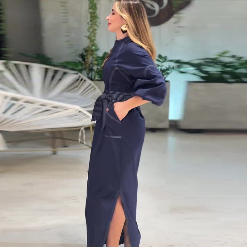 Autumn Export Women'S Belt Dark Blue Side Slit Fashion Dress - Image 4