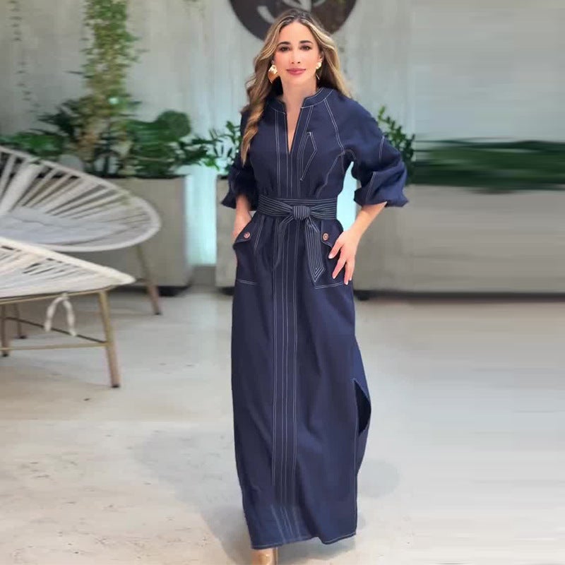 Autumn Export Women'S Belt Dark Blue Side Slit Fashion Dress - Image 1