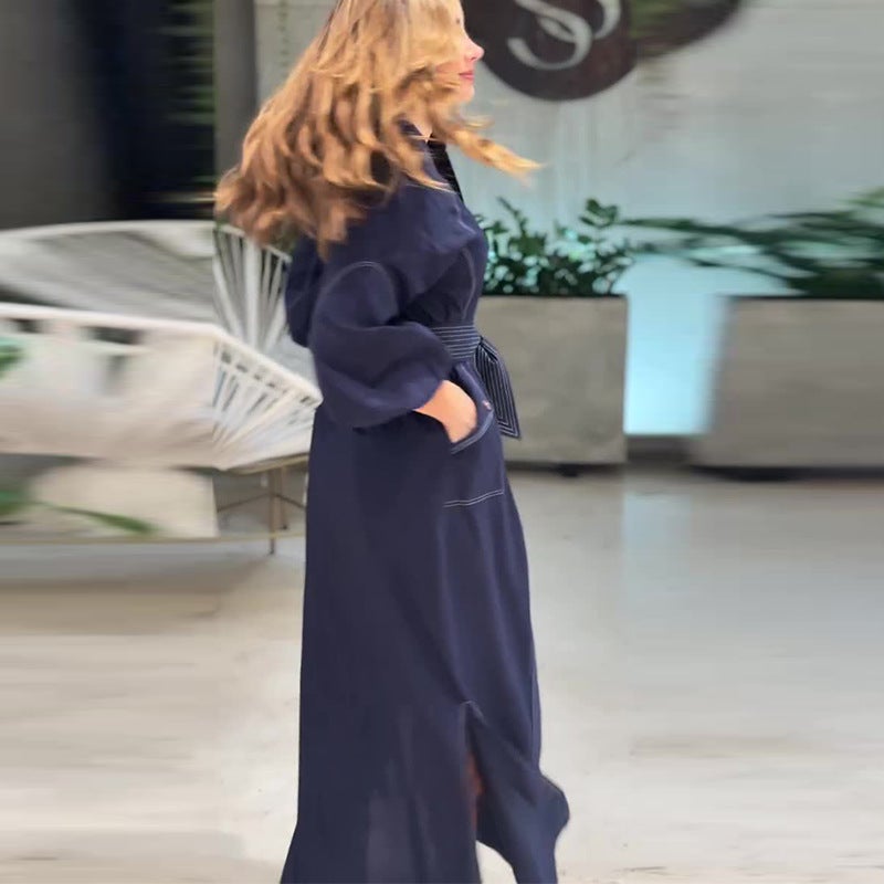 Autumn Export Women'S Belt Dark Blue Side Slit Fashion Dress - Image 3