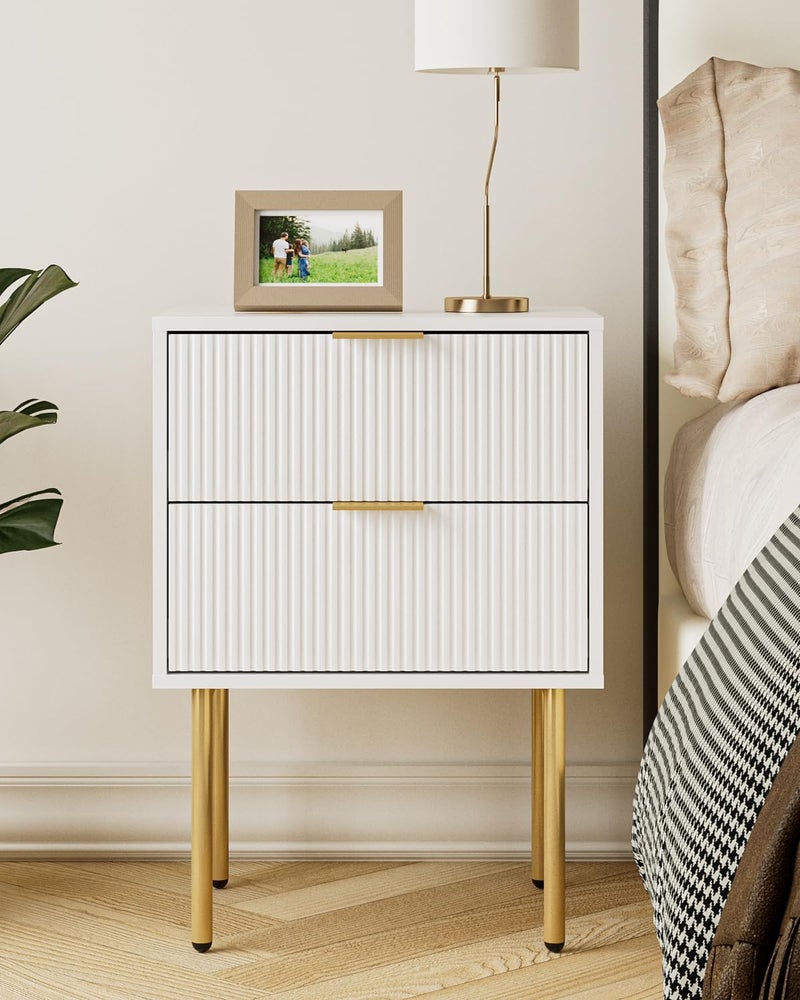 Aienvey Night Stand, Modern Nightstand with Drawers, Bedside Table, Gold Small Side Table for Bedroom, Living Room End Table (White Stripe, 2 Drawers) - Image 1