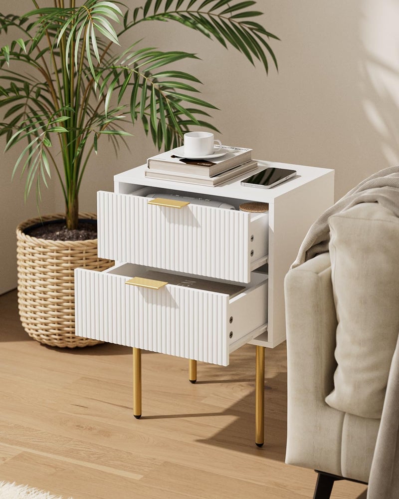 Aienvey Night Stand, Modern Nightstand with Drawers, Bedside Table, Gold Small Side Table for Bedroom, Living Room End Table (White Stripe, 2 Drawers) - Image 5